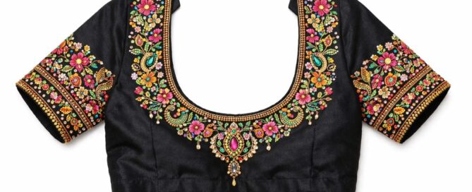 Black Silk Floral Aari Work Blouse with Floral Embroidery, Stone and Bead Work, U Neck Short Sleeve Design 3 Stone Work Aari Blouse