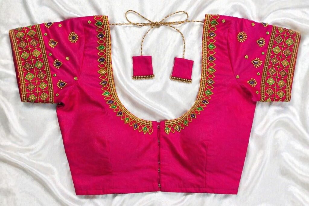 Pink Aari Work Blouse front Neck