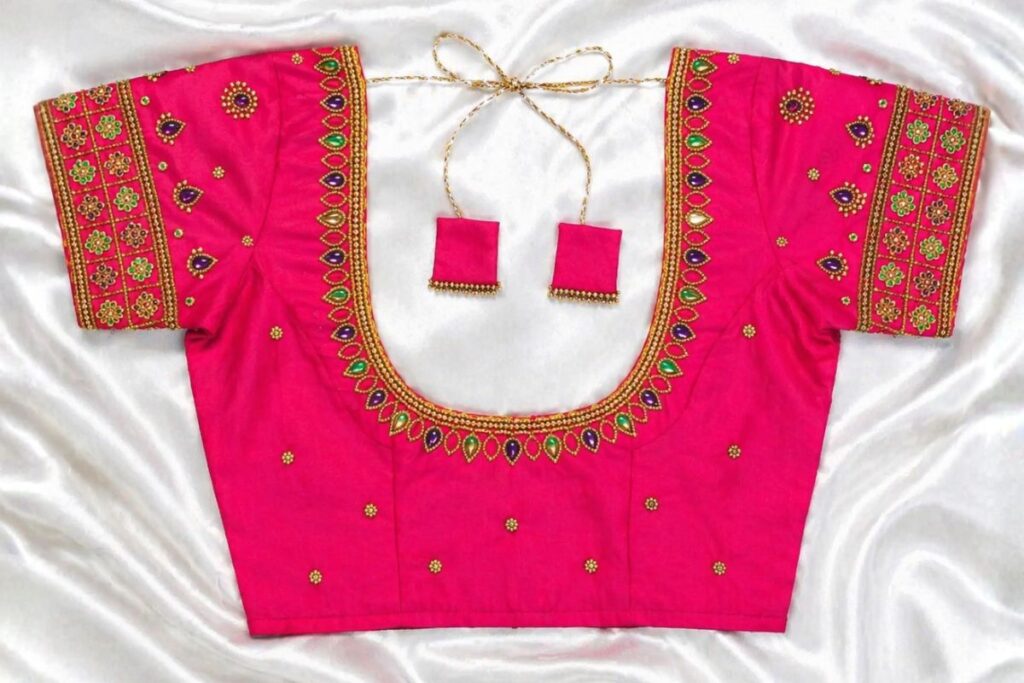 Pink Aari Work Blouse Stone Work beads work