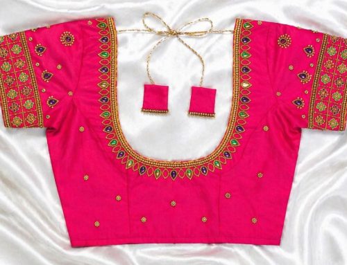 Beautiful Pink Aari Work Blouse with Premium Gold Beads Work and Paisley Motifs is Completed with Stylish U Shape Back Neck