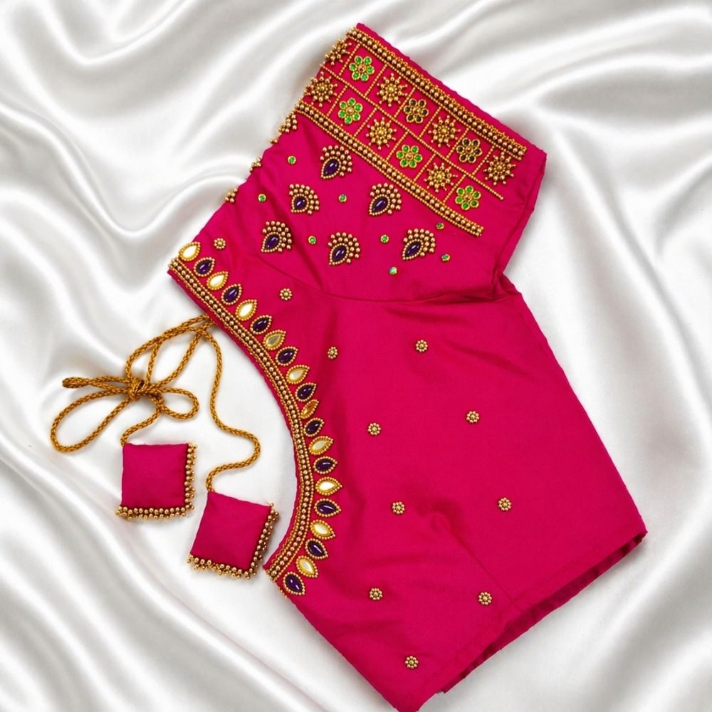 Pink Aari Work Blouse Sleeve beads and Stone Work