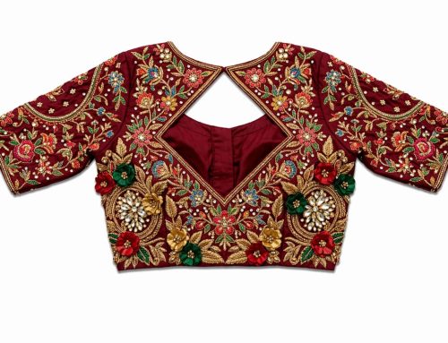 Maroon 3D Floral Aari Work Blouse with Multi Layer Embroidery and Diamond Back Neck Design