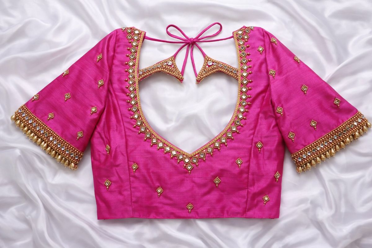 pink aari work blouse Back Neck