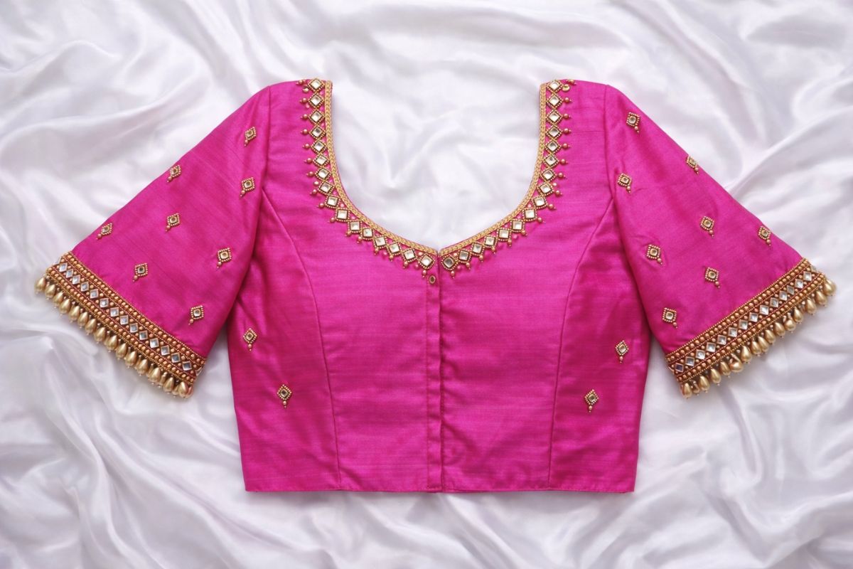 pink aari work blouse Front Neck