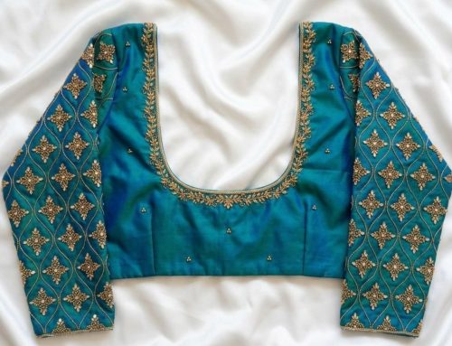 Traditional Peacock Blue Aari Work Blouse with Elegant Gold Motifs and Deep U Shape Back Neck