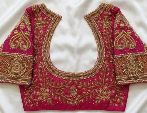 Pink Aari Work Blouse with Gold Bead Embroidery and Bridal Silk Finish Deep U Shape Back Neck