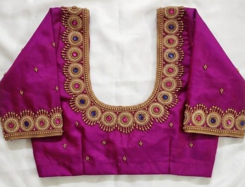 Rich Rani Pink Aari Work Blouse with Circular Gold Motifs and Deep U Shape Back Neck