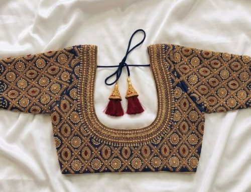 Grand Royal Blue Designer Maggam Work Blouse with Maroon Stone Motifs and Deep U Shape Back Neck
